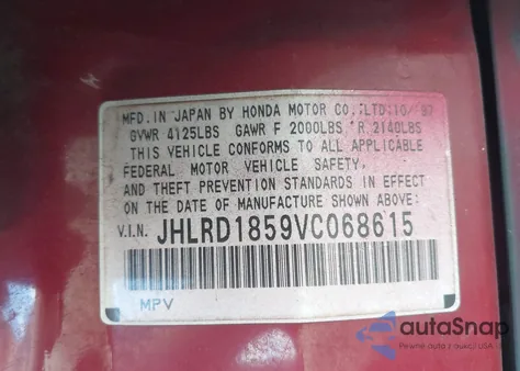 1997 Honda Cr-V from USA, damaged, VIN JHLRD1859VC068615